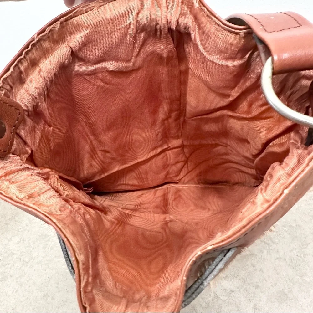 Vintage Cowhide Drawstring Leather Purse Shoulder Bag Brown Tan White Silk Lined - Picture 4 of 16